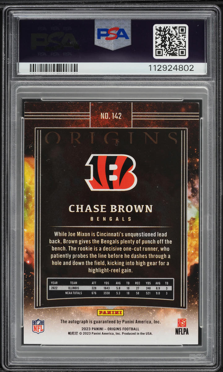 2023 Panini Origins Chase Brown ROOKIE AUTO /99 #142 PSA 8 NM-MT