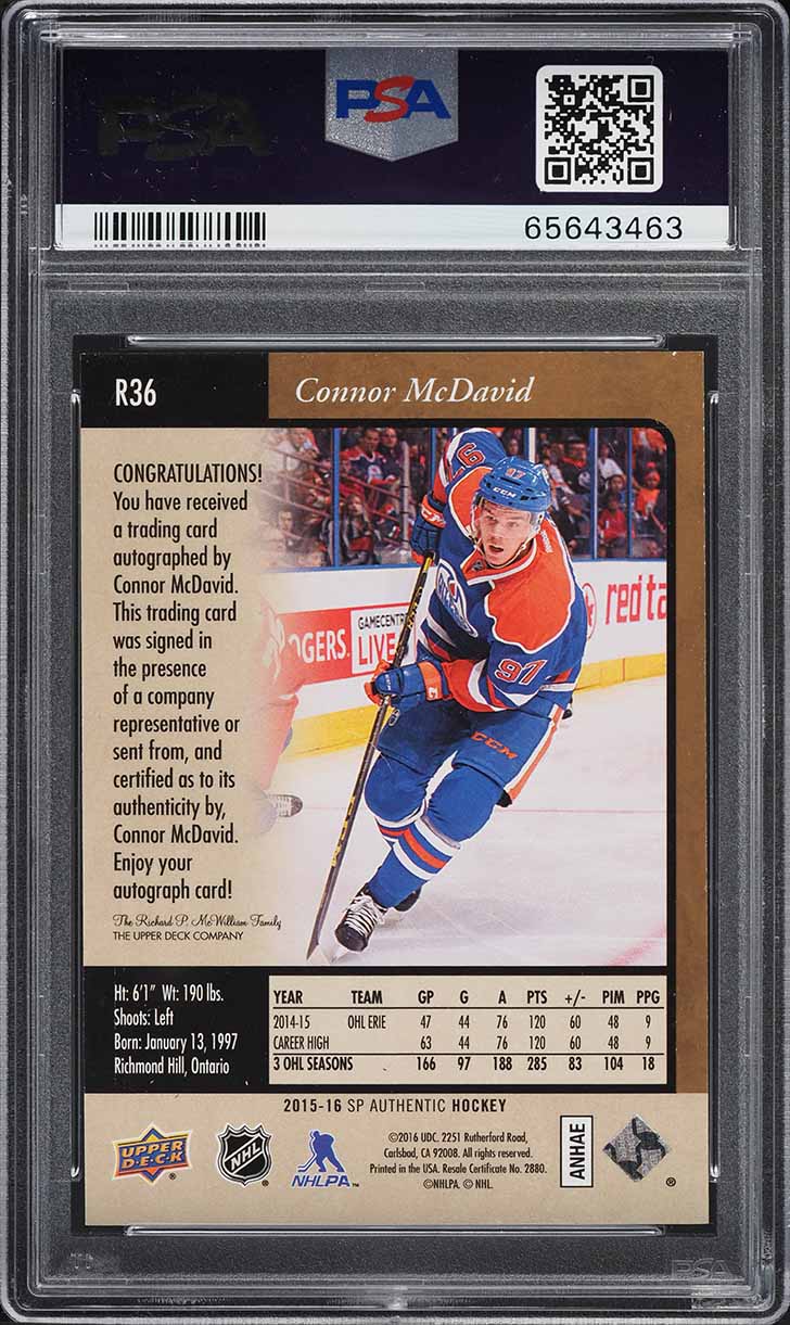 2015 SP Authentic '95 Retro Gold Connor McDavid ROOKIE AUTO DNA 10 #R36 PSA 9 MINT