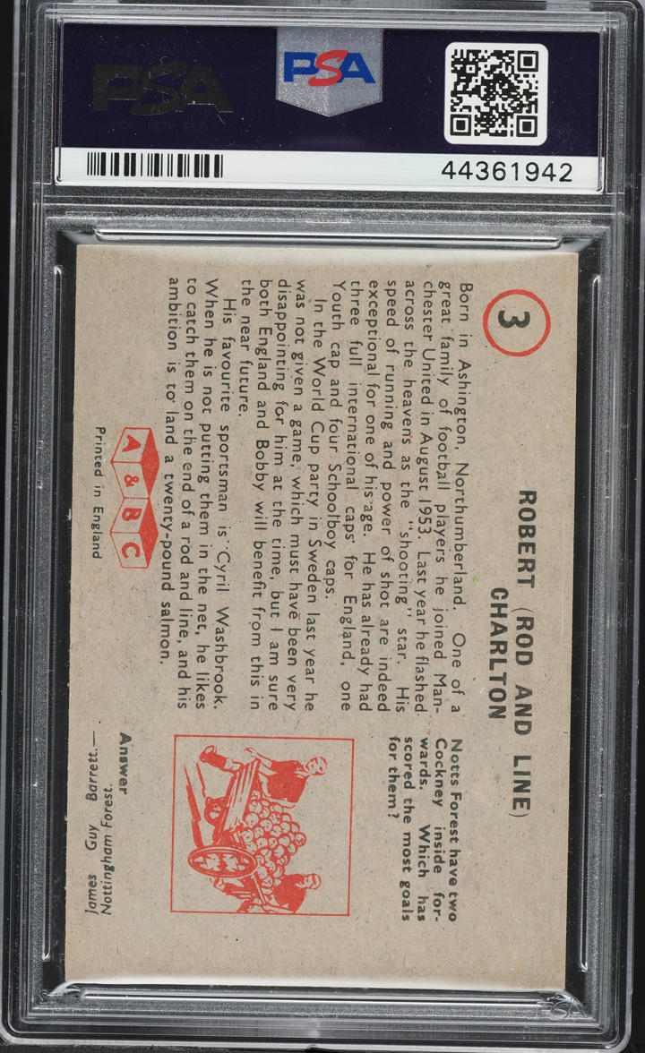1958 A & BC Footballers Bobby Charlton ROOKIE, PLANET LTD. ON FRONT #3 PSA 7 NRMT
