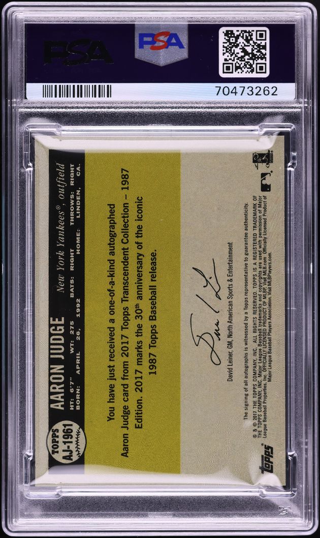 2017 Topps Transcendent Collection History Aaron Judge ROOKIE AUTO DNA 10 1/1 #1961 PSA 9 MINT