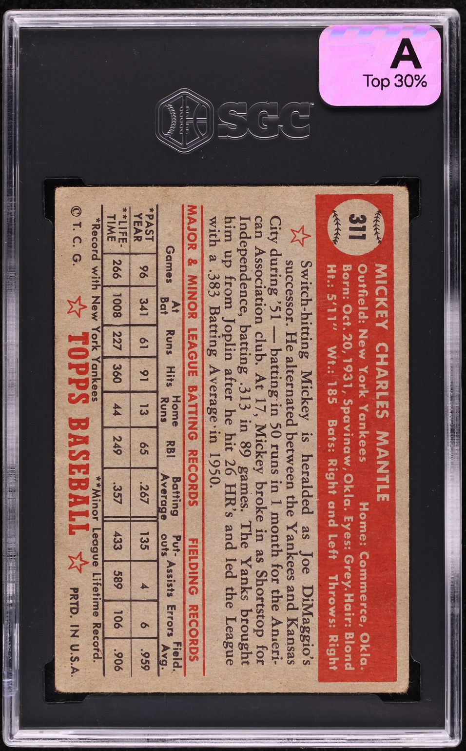 1952 Topps Mickey Mantle #311 SGC 2.5 GD+