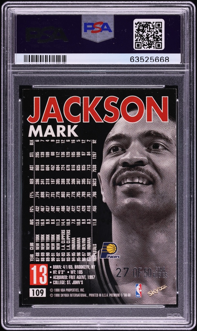 1998 Skybox Premium Star Rubies Mark Jackson /50 #109 PSA 6 EXMT - Photo 2