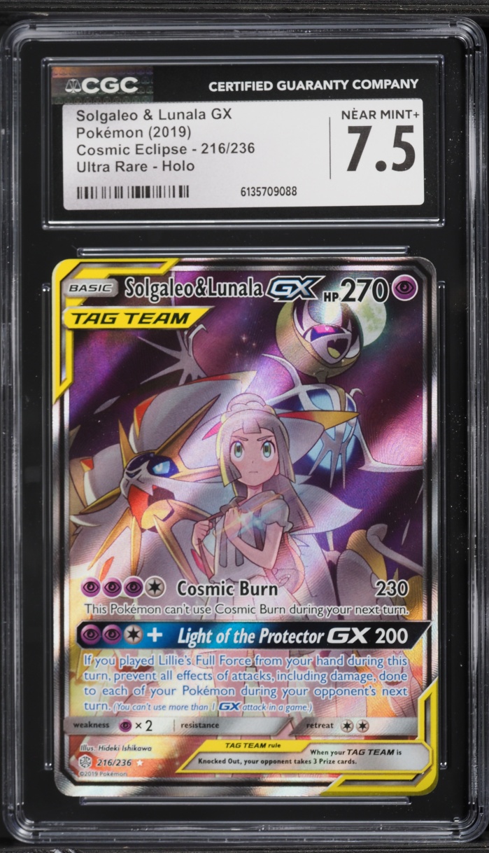 2019 Pokemon Sun & Moon Cosmic Eclipse Alt Art Solgaleo & Lunala GX #216 CGC 7.5 NRMT+