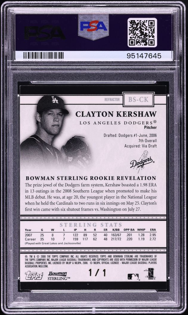 2008 Bowman Sterling Red Refractor Gray Uniform Clayton Kershaw ROOKIE 1/1 #BS-CK PSA 8 NM-MT