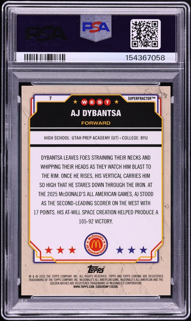 2025 Topps Chrome McDonald's All American Superfractor AJ Dybantsa ROOKIE 1/1 #7 PSA 10 GEM