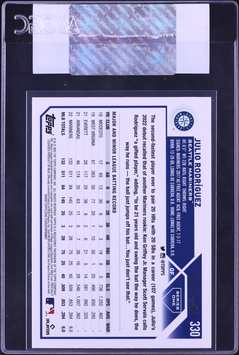 2023 Topps 1st Edition Green Julio Rodriguez /150 #330 CGC AUTH
