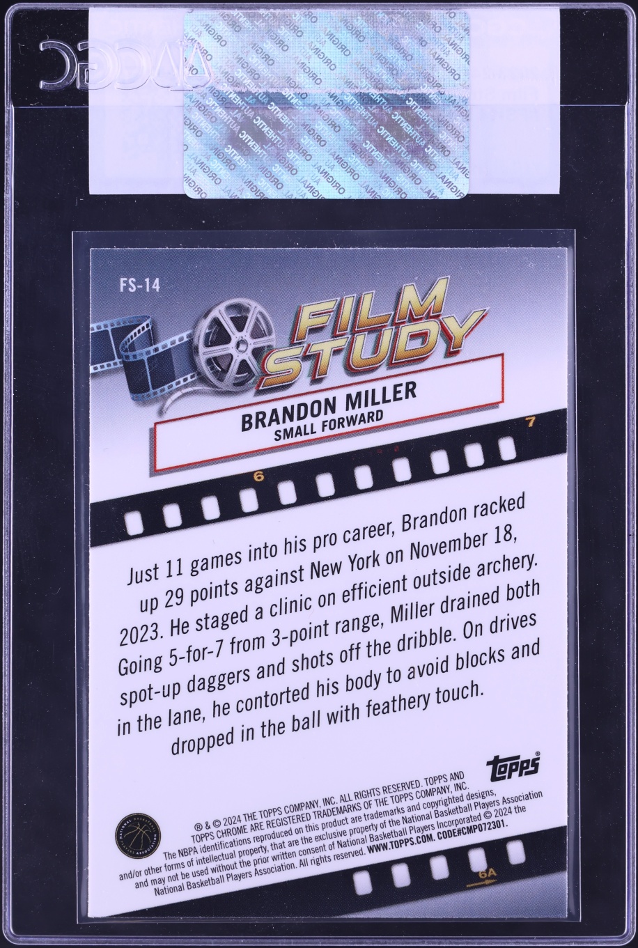 2023 Topps Chrome Film Study Brandon Miller ROOKIE #FS-14 CGC AUTH