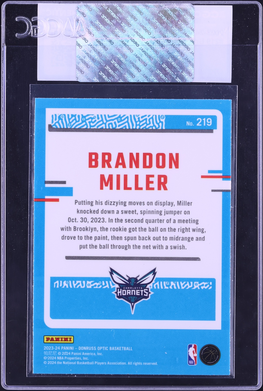 2023 Donruss Optic Brandon Miller ROOKIE #219 CGC AUTH
