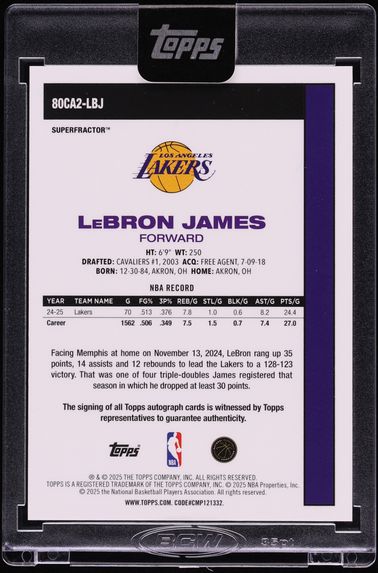 2025 Topps Chrome '80 Silver Pack Veteran Superfractor LeBron James AUTO 1/1 #80CA2-LBJ