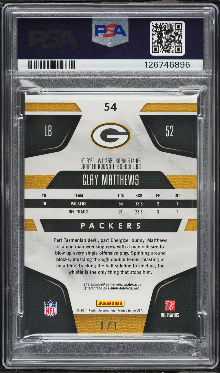 2011 Panini Certified Mirror Black Clay Matthews NFL SHIELD PATCH 1/1 #54 PSA 6 EXMT