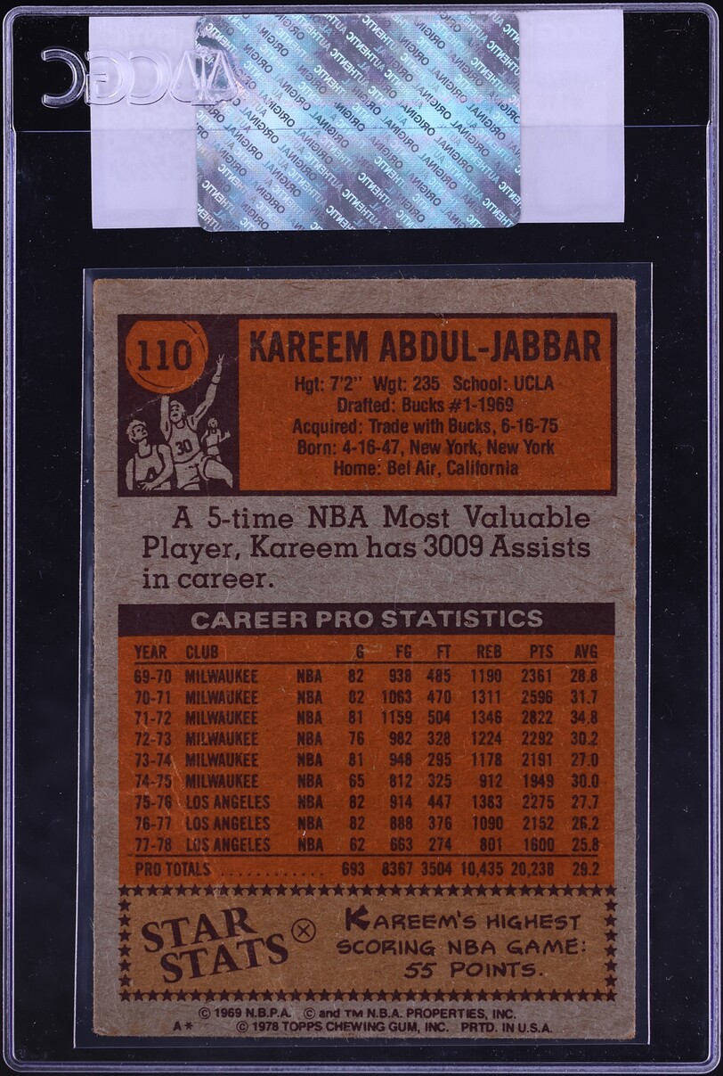 1978 Topps Basketball Kareem Abdul-Jabbar ALL-STAR #110 CGC AUTH
