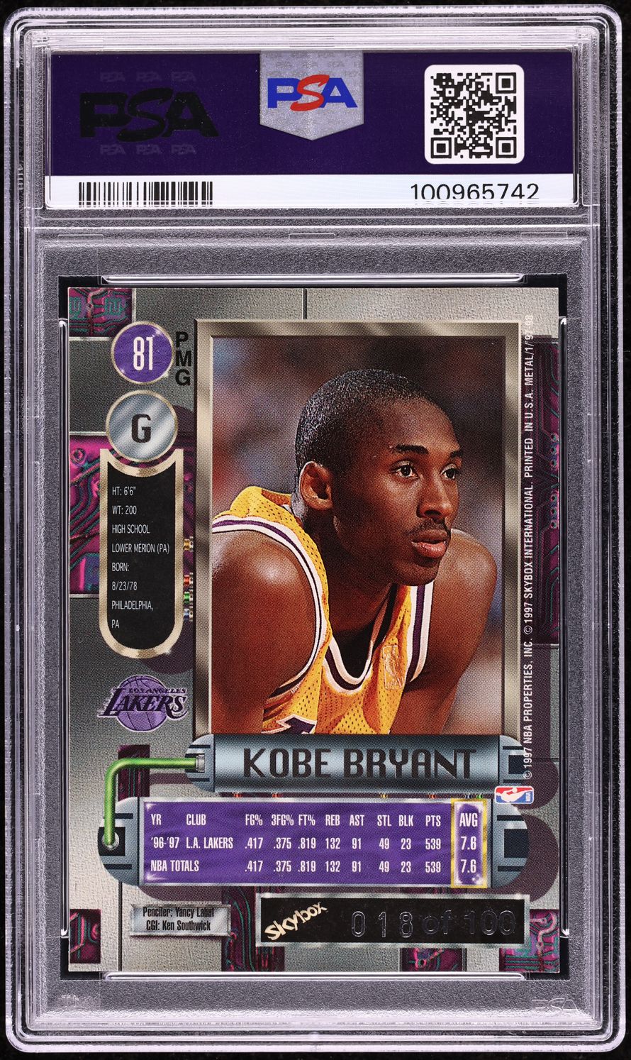 1997 Metal Universe Precious Metal Gems PMG Red Kobe Bryant /100 #81 PSA AUTH