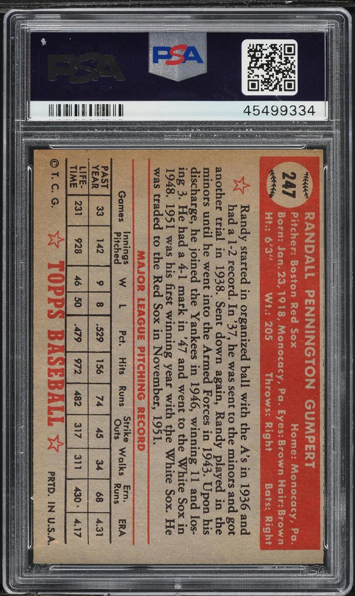 1952 Topps Randy Gumpert #247 PSA 7 NRMT