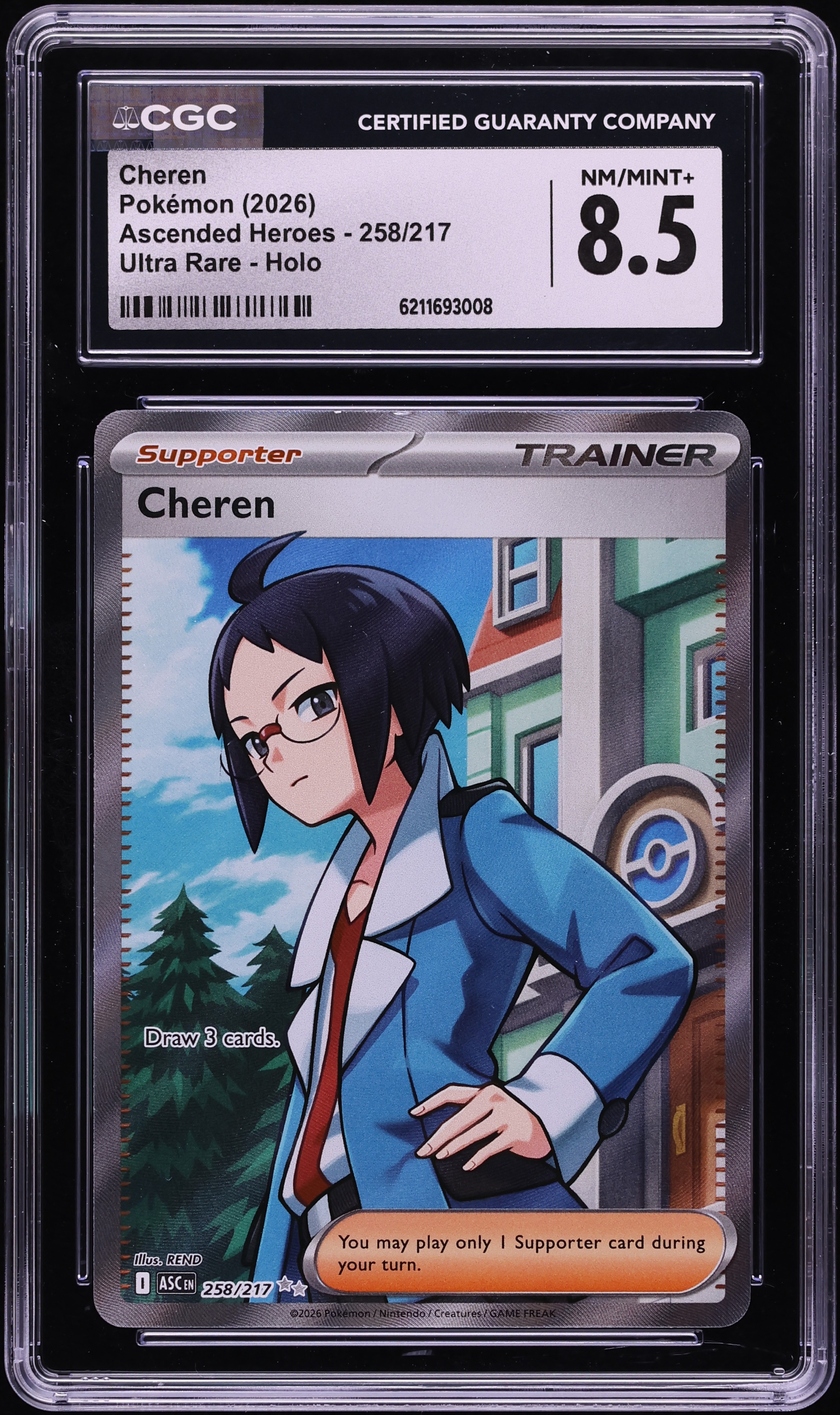 2026 Pokemon Mega Evolution Ascended Heroes Full Art Cheren #258 CGC 8.5 NM-MT+