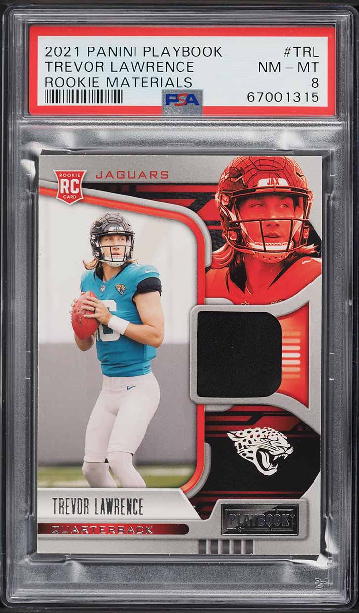 2021 Panini Playbook Materials Trevor Lawrence ROOKIE PATCH #RMA-TRL PSA 8 NM-MT