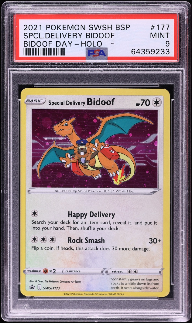 2021 Pokemon Sword & Shield Promo Day Center Holo Special Delivery Bidoof #SWSH177 PSA 9 MINT