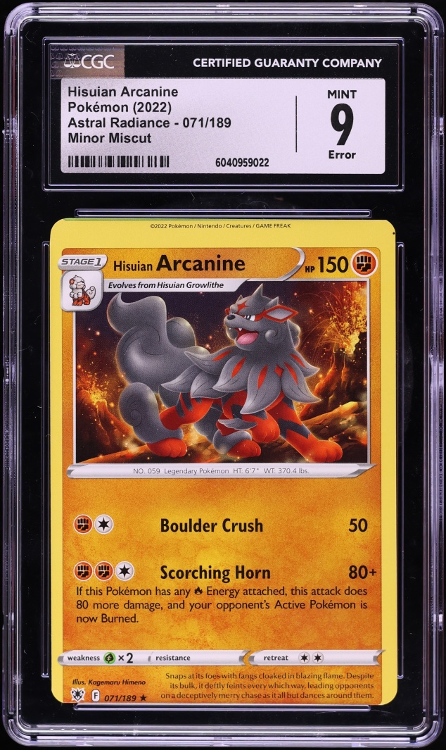2022 Pokemon Sword & Shield Astral Radiance Error Hisuian Arcanine #071 CGC 9 MINT