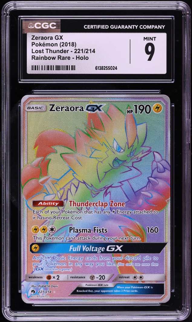 2018 Pokemon Sun & Moon Lost Thunder Rainbow Rare Zeraora GX #221 CGC 9 MINT