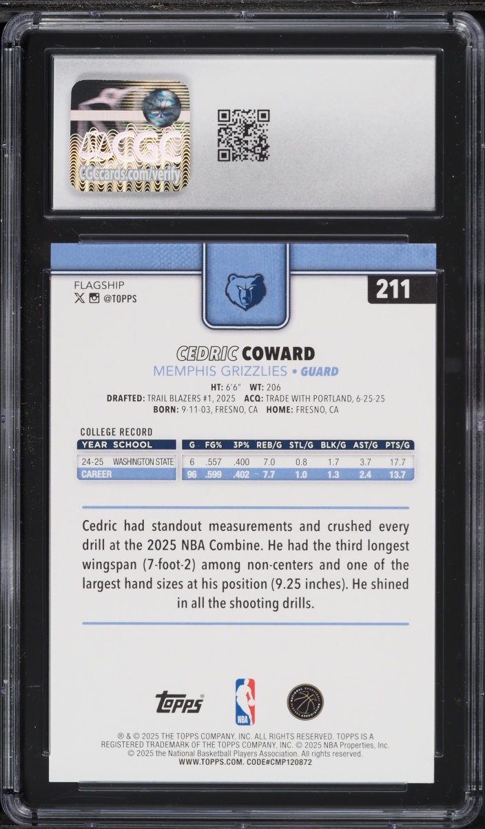 2025 Topps Basketball Cedric Coward ROOKIE #211 CGC 10 GEM MINT