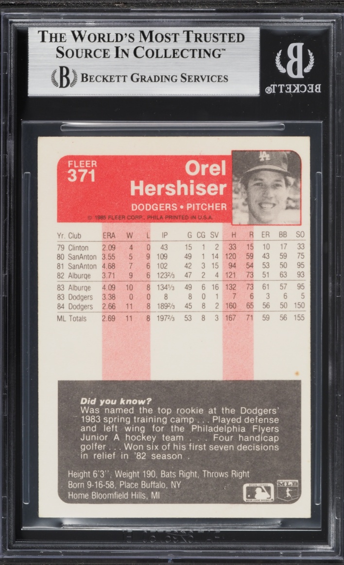 1985 Fleer Orel Hershiser ROOKIE #371 BGS 5 EX