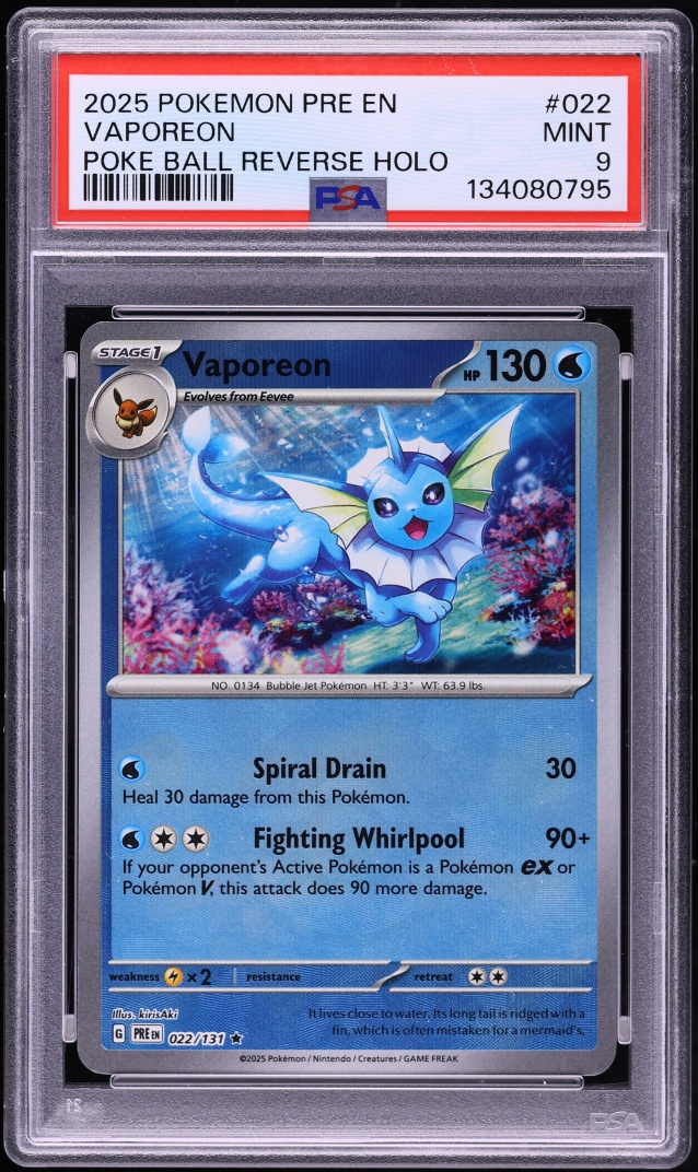 2025 Pokemon SV Prismatic Evolutions Poke Ball Reverse Holo Vaporeon #022 PSA 9 MINT