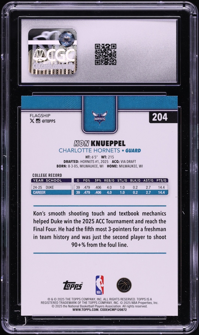 2025 Topps Basketball Kon Knueppel ROOKIE #204 CGC 8 NM-MT