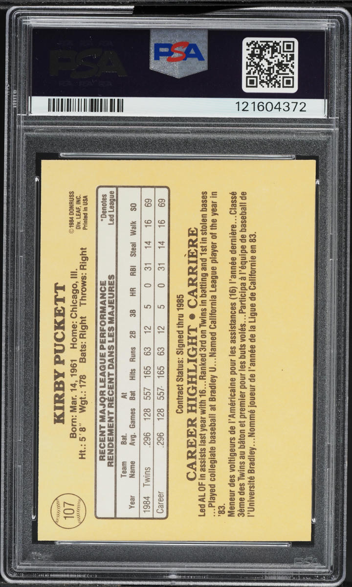 1985 Leaf Kirby Puckett ROOKIE #107 PSA 8 NM-MT