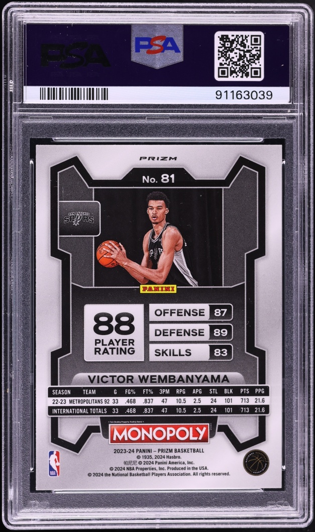 2023 Panini Prizm Monopoly Purple Victor Wembanyama ROOKIE #81 PSA 10 GEM MINT