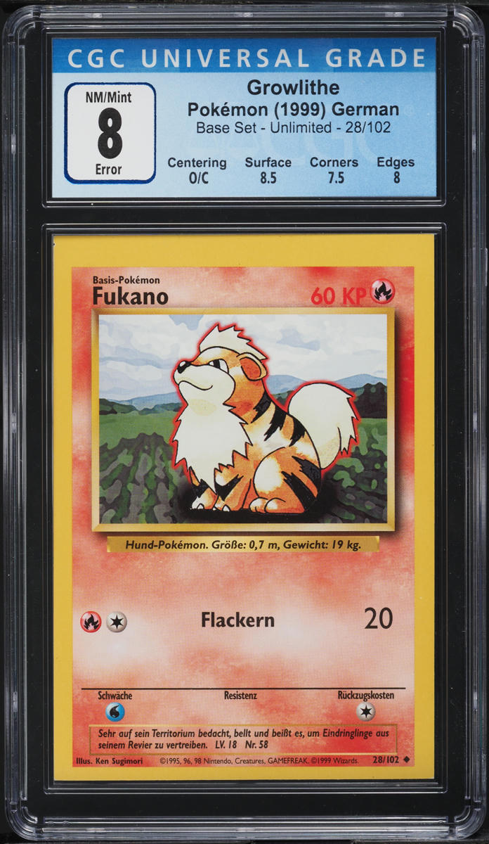 1999 Pokemon German Base Set MTG Back Error Growlithe #28 CGC 8 NM-MT