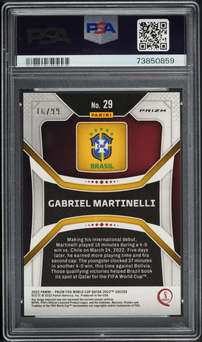 2022 Panini Prizm World Cup Purple Wave Gabriel Martinelli ROOKIE /99 #29 PSA 9