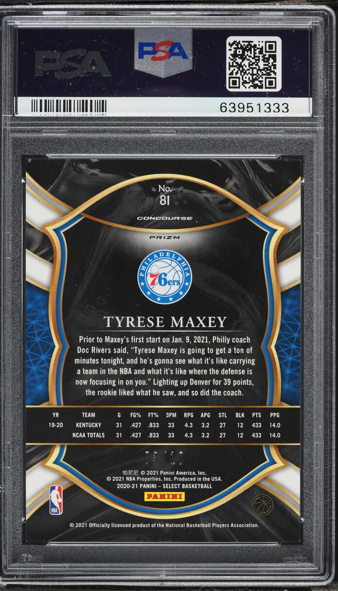 2020 Select Concourse Gold Prizm Tyrese Maxey ROOKIE /10 #81 PSA 9 MINT - Photo 2