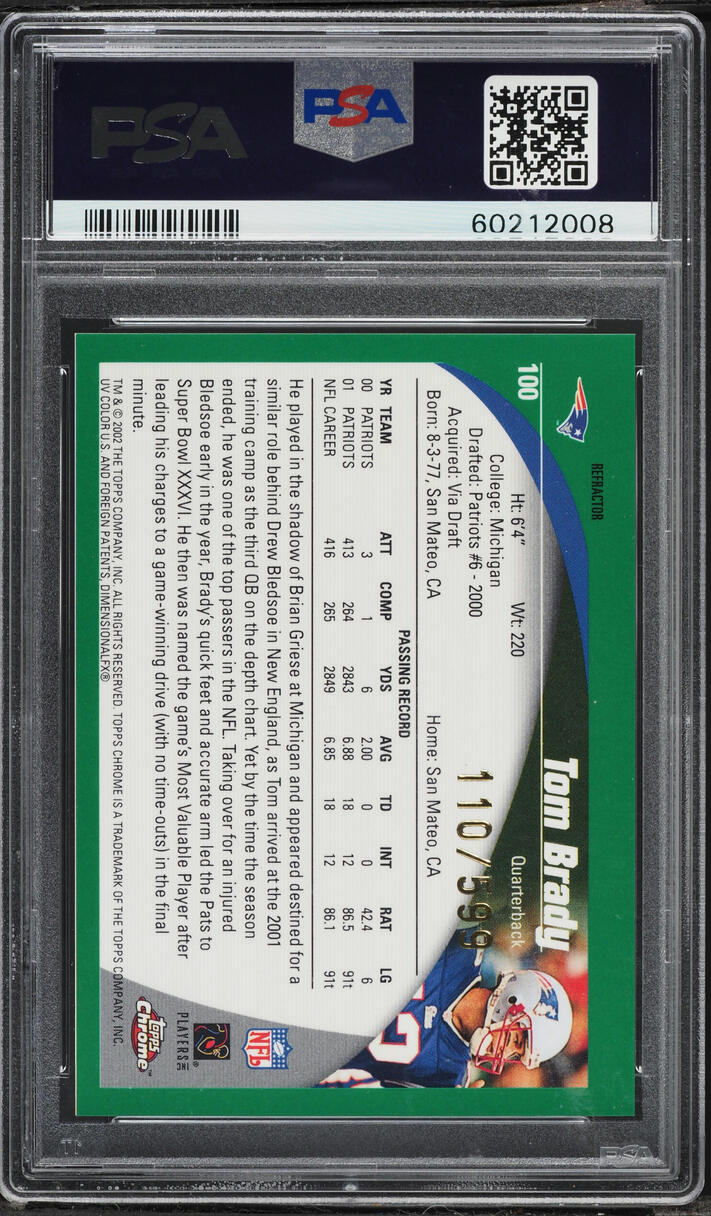 2002 Topps Chrome Black Refractor Tom Brady /599 #100 PSA 9 MINT - Photo 2
