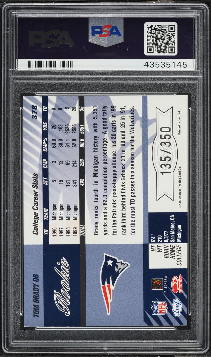 2000 Leaf Limited Tom Brady ROOKIE /350 #378 PSA 8 NM-MT - Photo 2