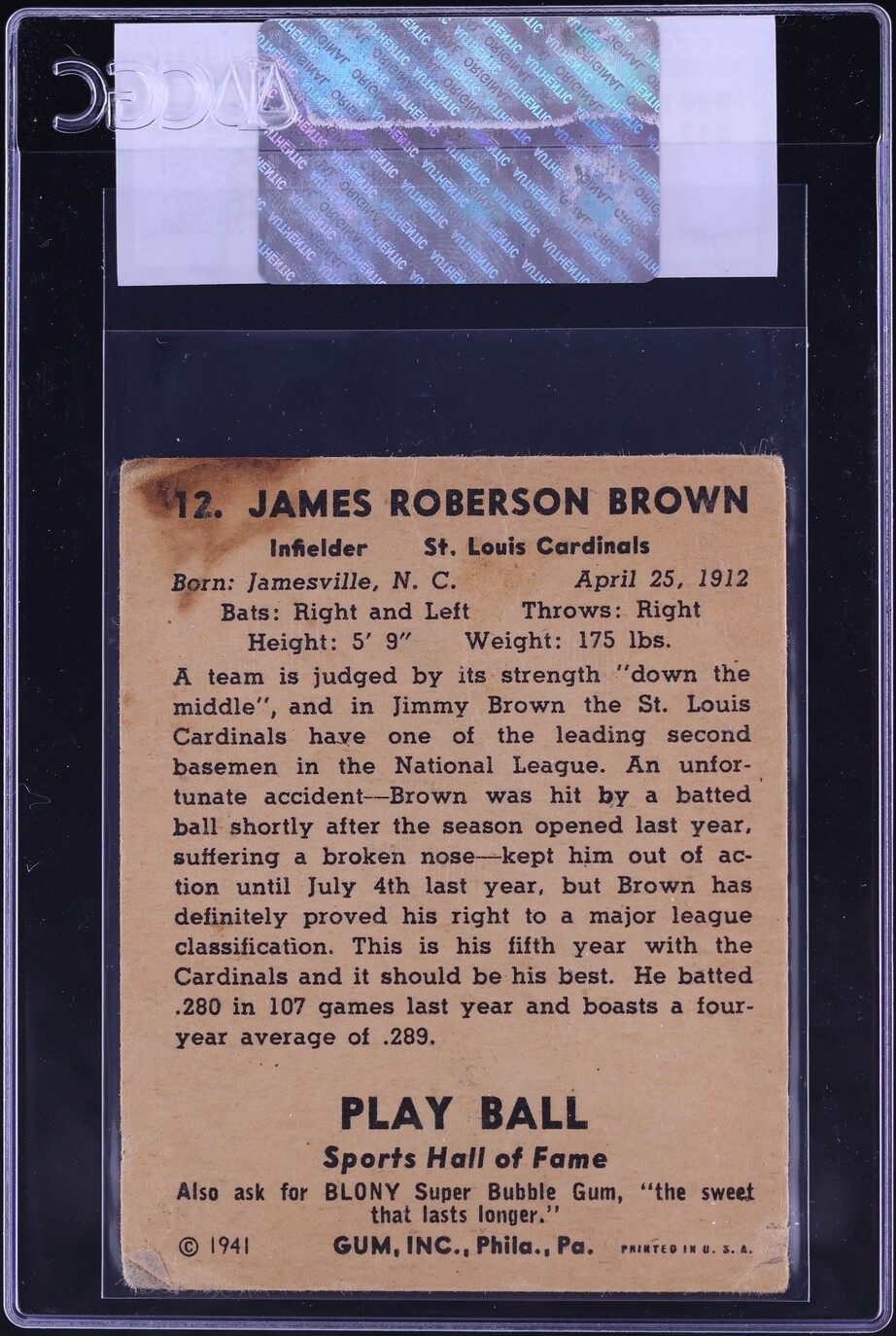 1941 Play Ball Jimmy Brown #12 CGC AUTH