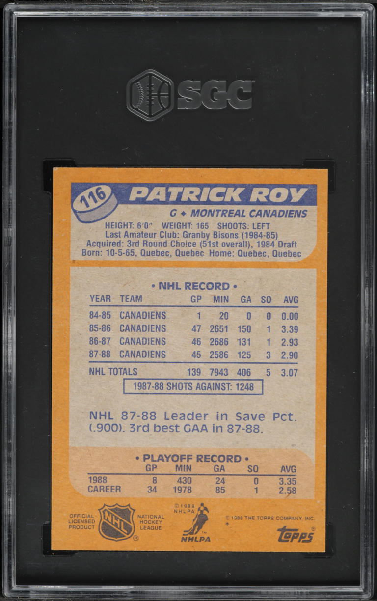 1988 Topps Hockey Patrick Roy #116 SGC 7.5 NRMT+