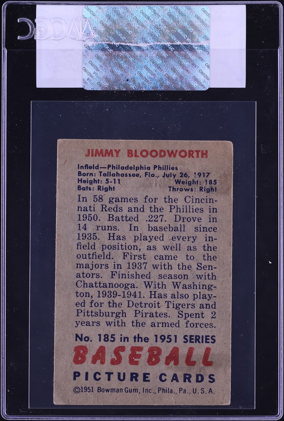 1951 Bowman Jimmy Bloodworth #185 CGC AUTH