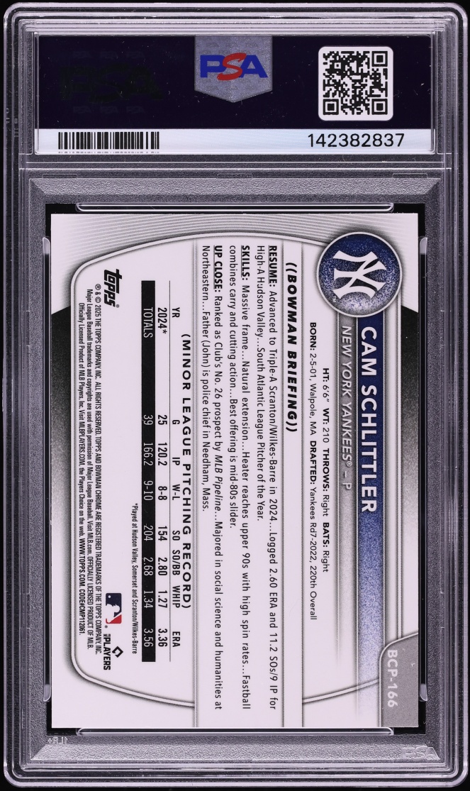 2025 Bowman Chrome Cam Schlittler PROSPECT #BCP-166 PSA 10 GEM MINT