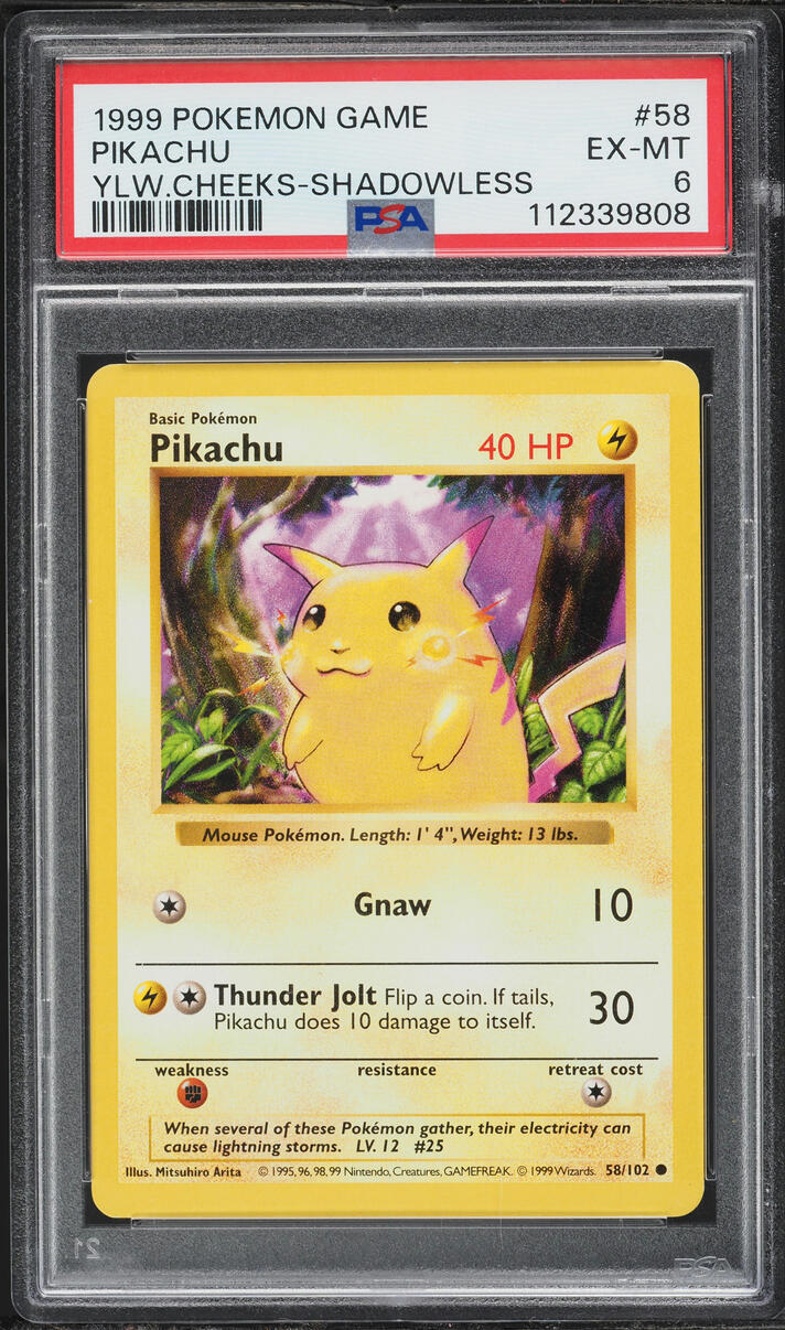 1999 Pokemon Base Set Shadowless Yellow Cheeks Pikachu #58 PSA 6 EXMT