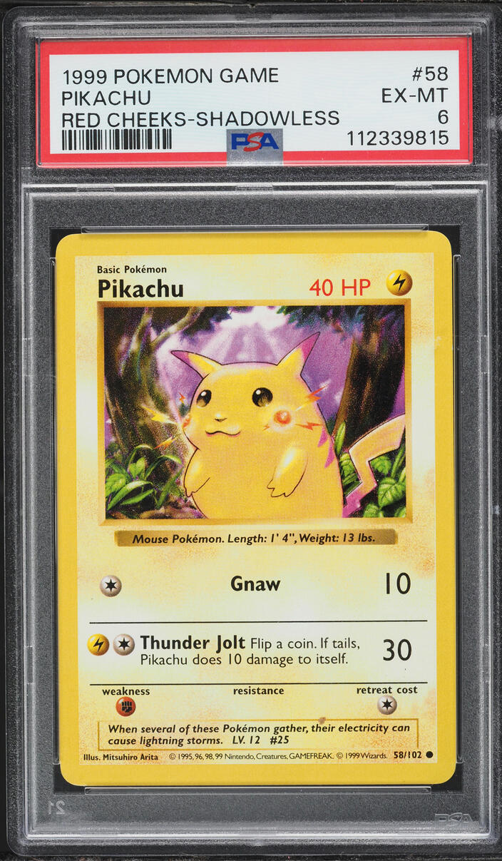 1999 Pokemon Base Set Shadowless Red Cheeks Pikachu #58 PSA 6 EXMT