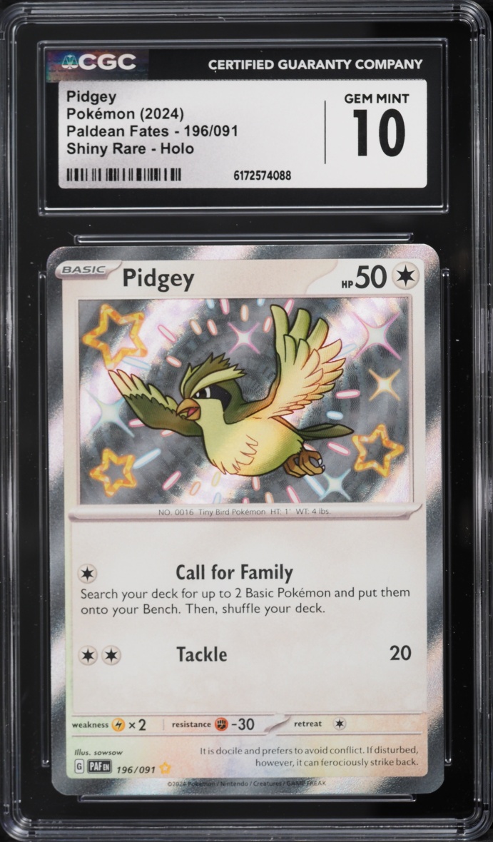 2024 Pokemon Scarlet & Violet Paldean Fates Shiny Rare Holo Pidgey #196 CGC 10 GEM MINT