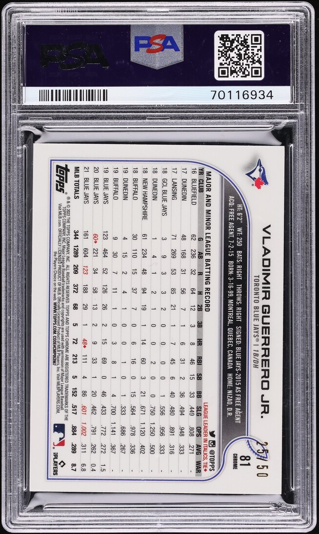 2022 Topps Chrome Gold Refractor Vladimir Guerrero Jr. /50 #81 PSA 10 GEM MINT