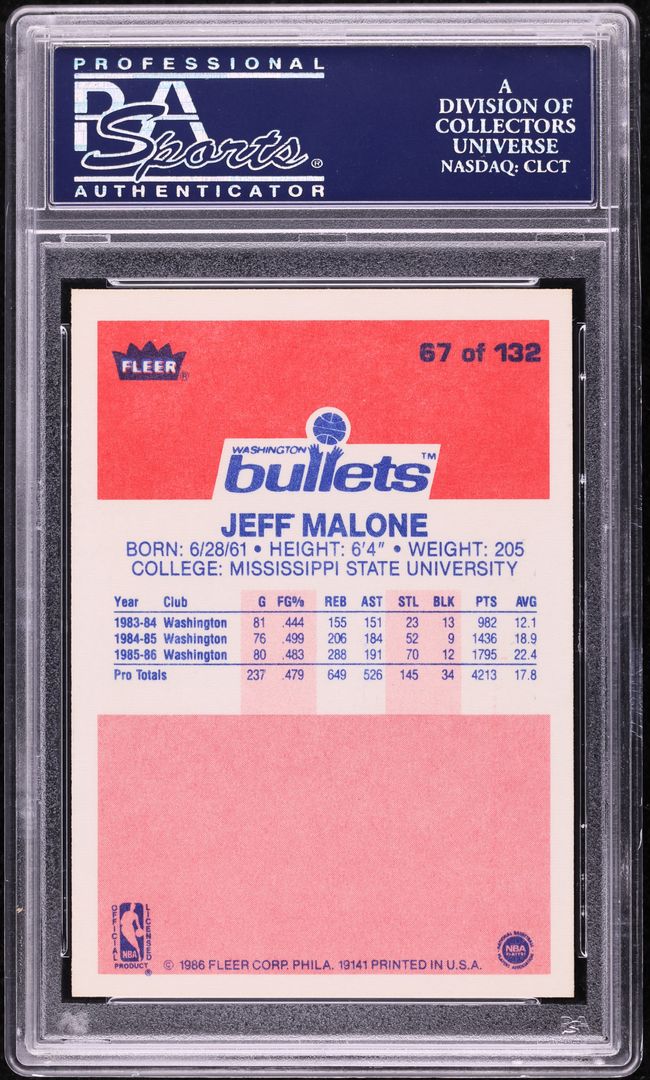 1986 Fleer Basketball Jeff Malone ROOKIE #67 PSA 10 GEM MINT