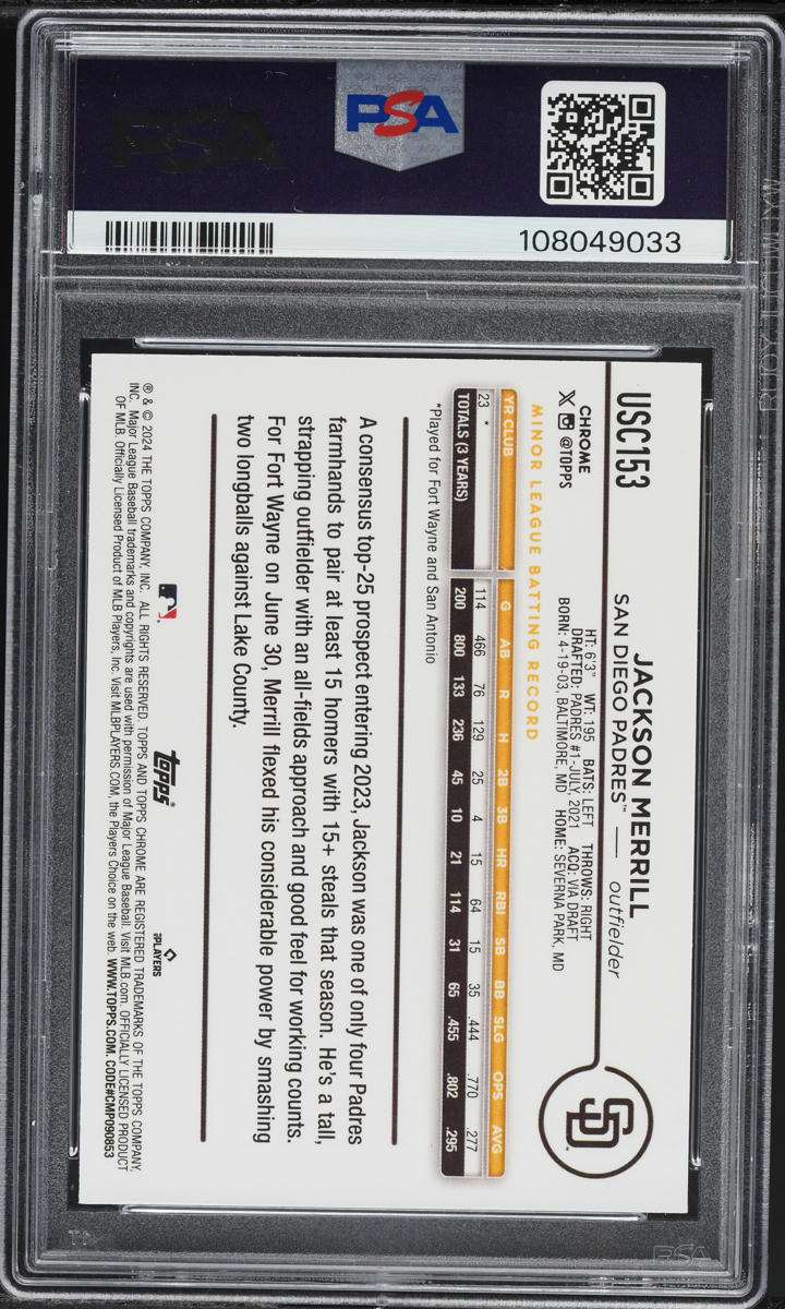 2024 Topps Chrome Update Variation Jackson Merrill SP ROOKIE #USC153 PSA 9 MINT