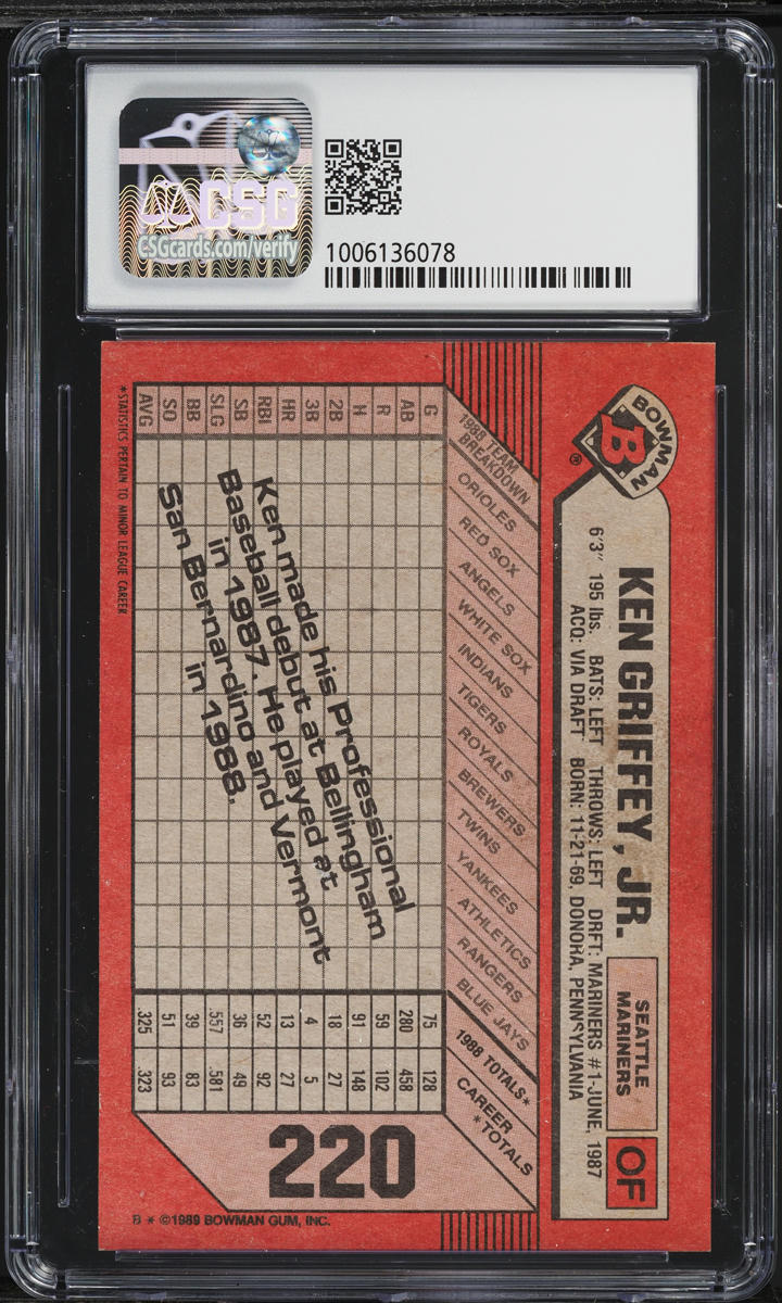 1989 Bowman Ken Griffey Jr. ROOKIE #220 CSG 8.5 NM-MT+