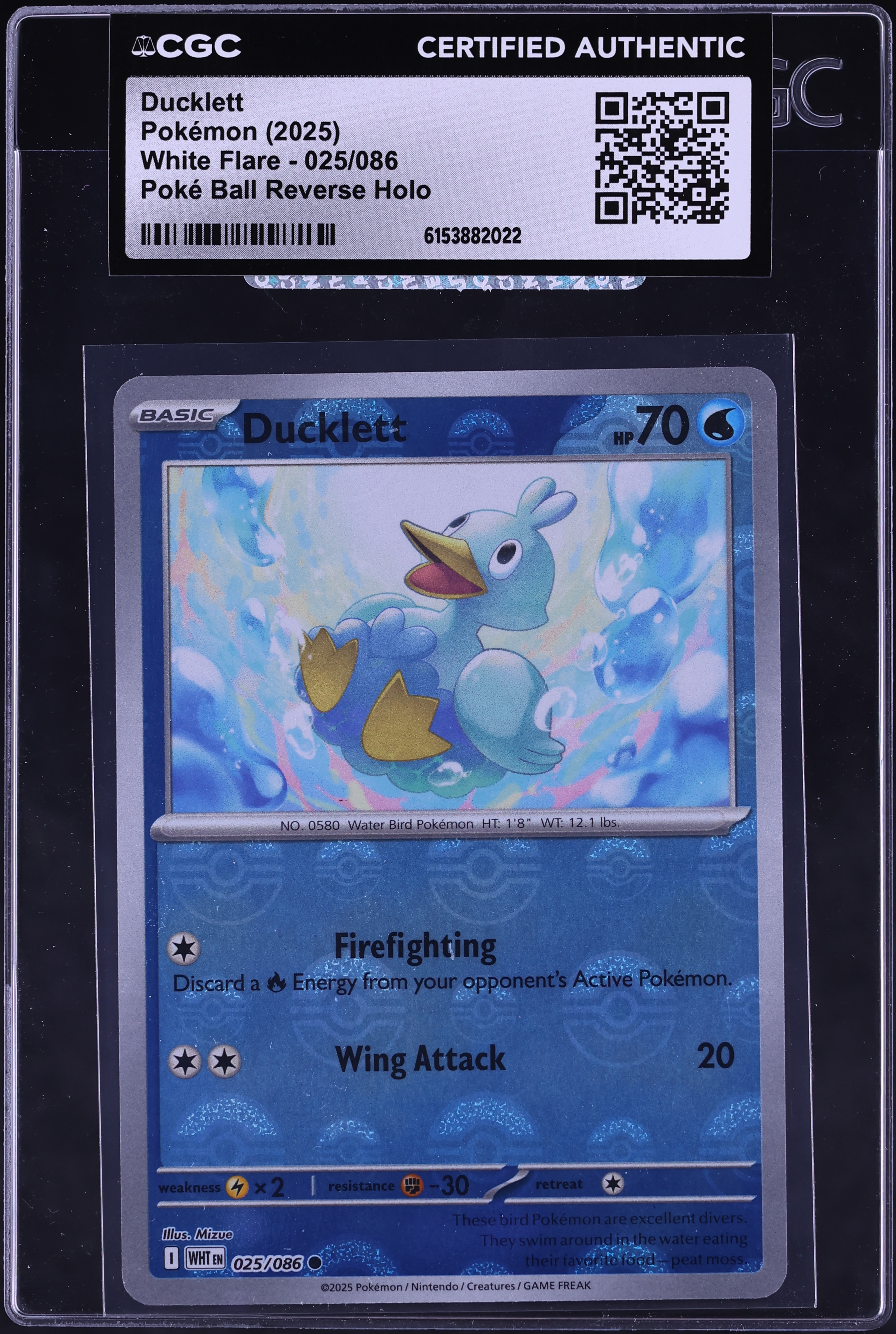 2025 Pokemon Scarlet & Violet White Flare Poke Ball Reverse Holo Ducklett #025 CGC AUTH