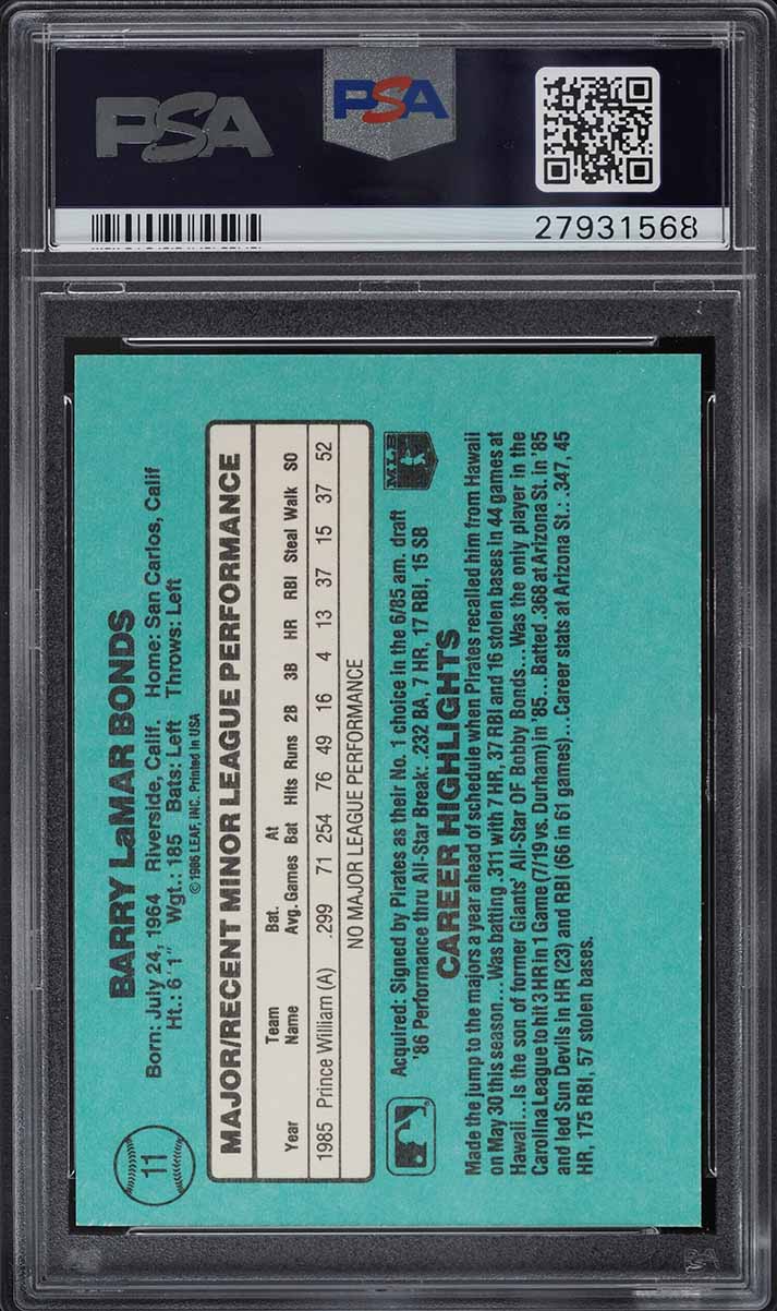 1986 Donruss The Rookies Barry Bonds ROOKIE #11 PSA 9 MINT