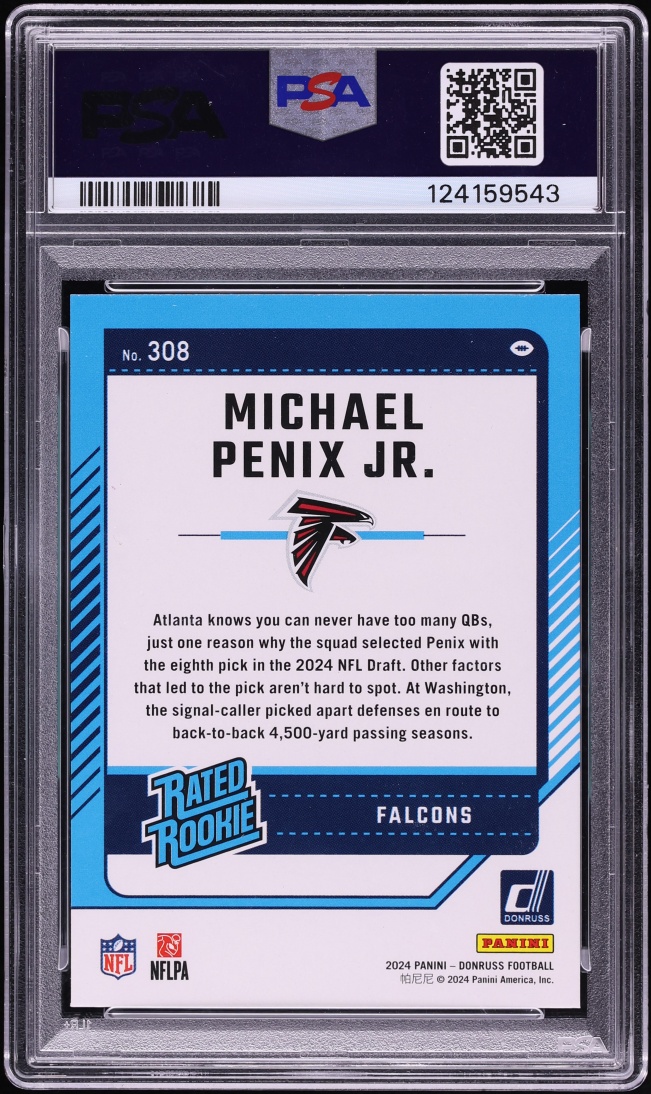 2024 Donruss Press Proof Yellow Michael Penix Jr. ROOKIE #308 PSA 10 GEM MINT