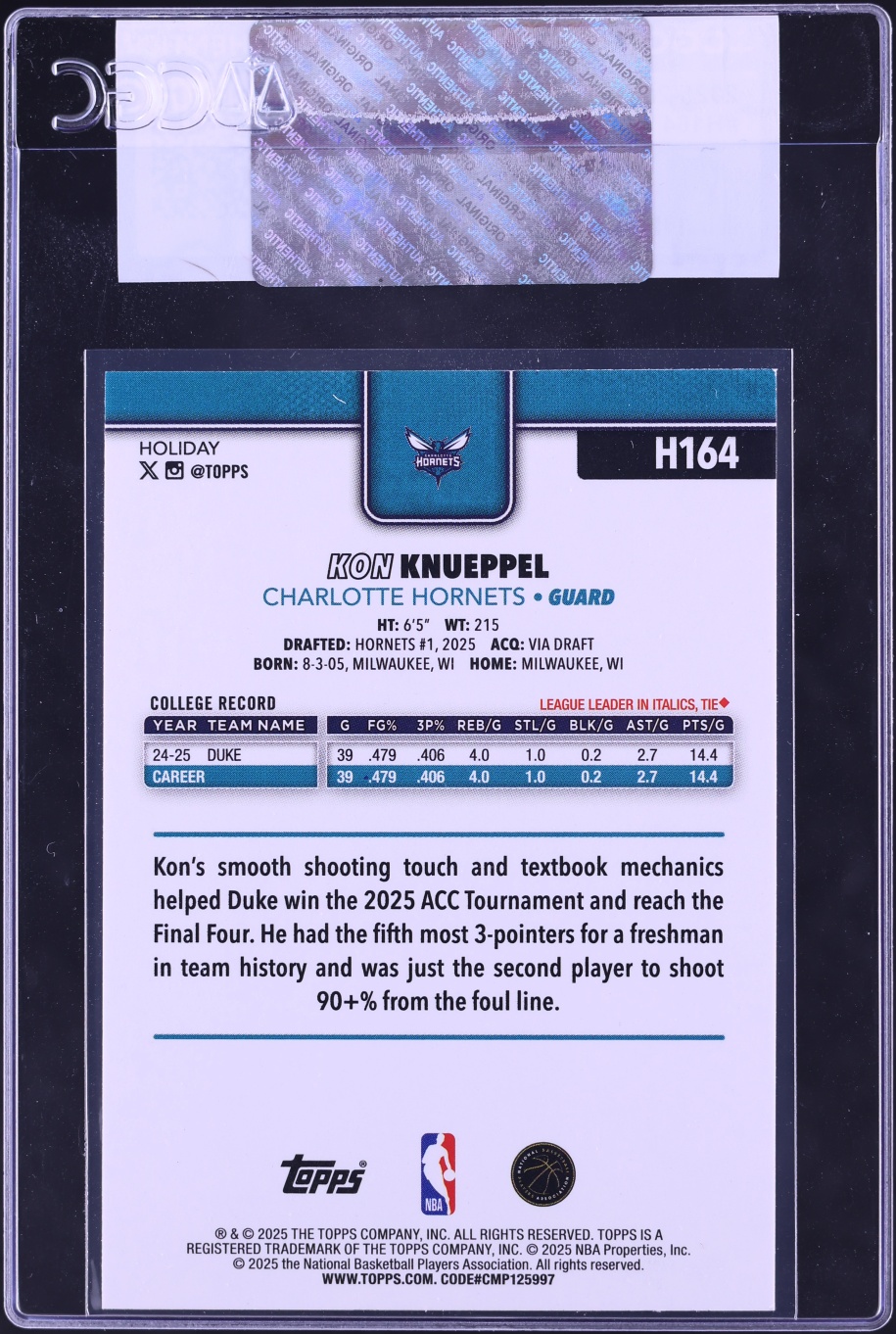2025 Topps Holiday Kon Knueppel ROOKIE #H164 CGC AUTH