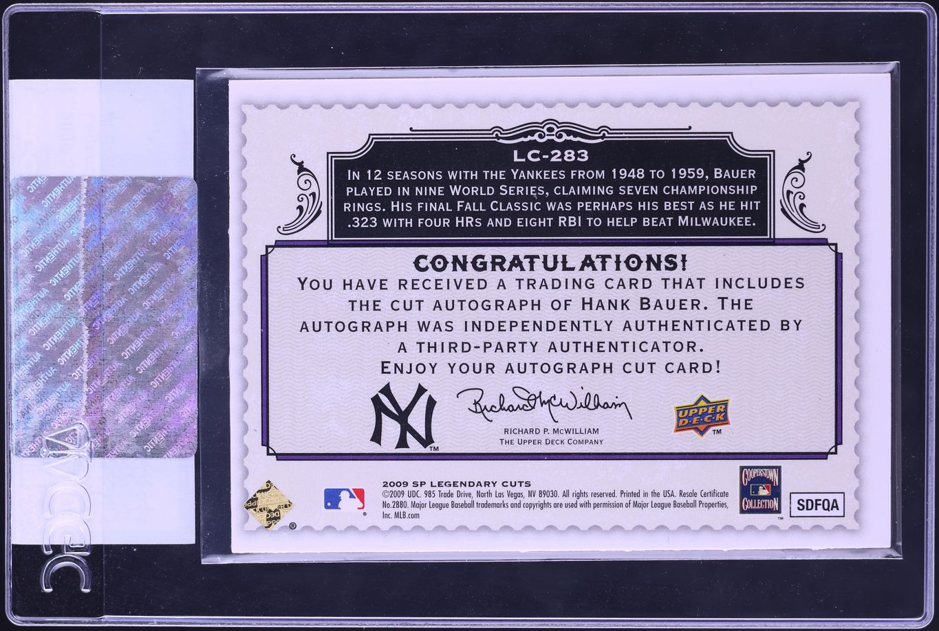 2009 SP Legendary Cuts Hank Bauer AUTO /33 #LC-283 CGC AUTH