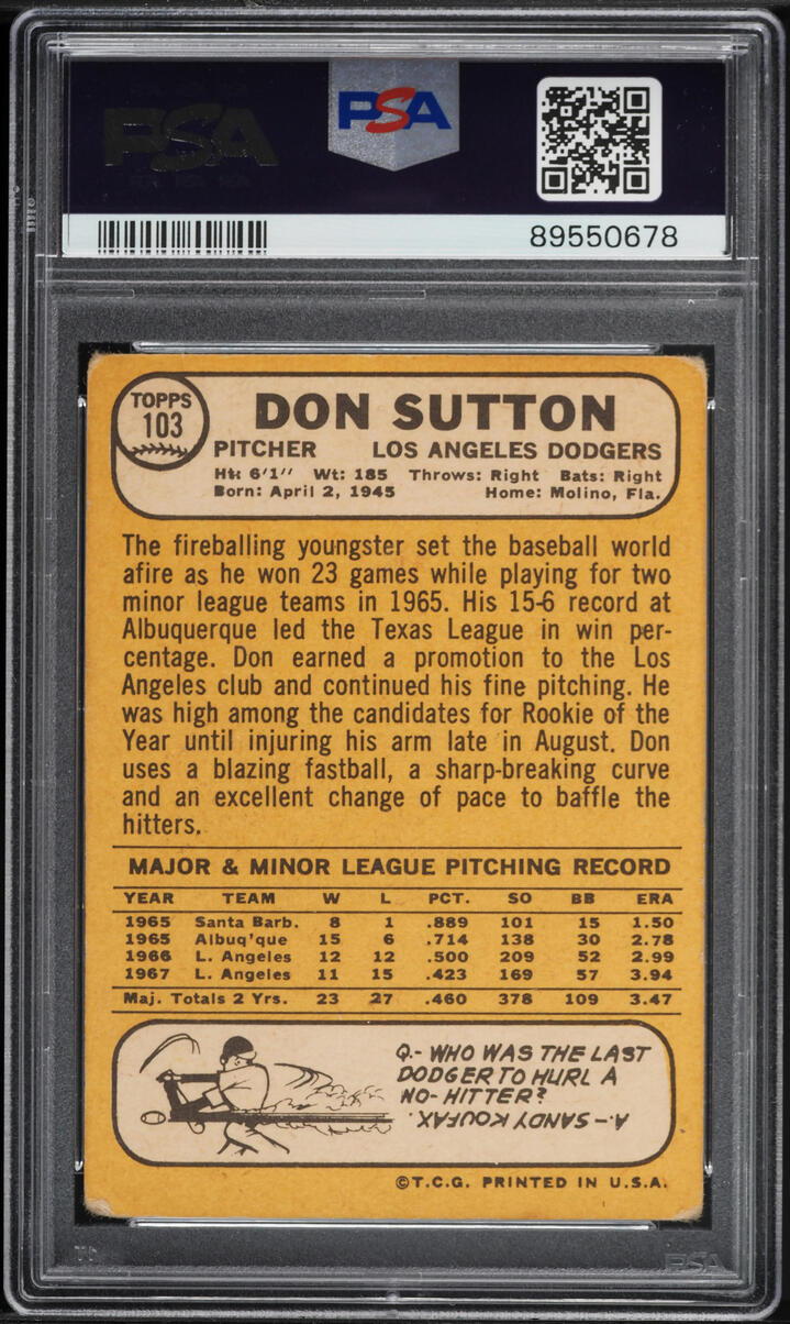 1968 Topps Don Sutton #103 PSA 2.5 GD+